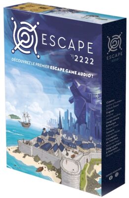 La boite du jeu Escape 2222 qui montre la ville de St Malo dans un décor futuriste